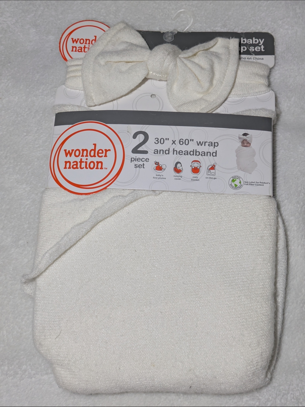 NWT Wonder Nation Baby Girl Swaddle Wrap Bow Headband Set White